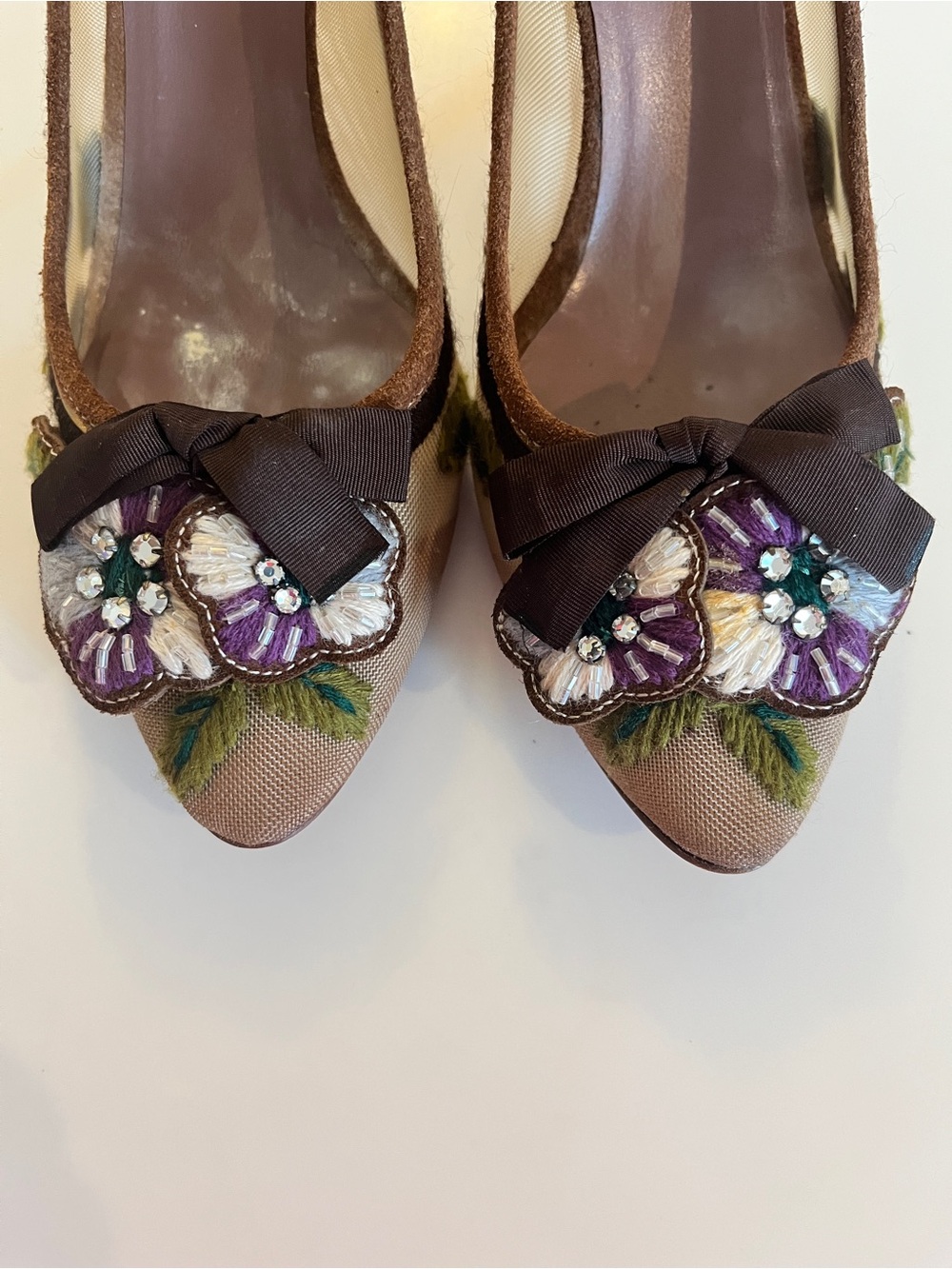 Miu Miu Brown Suede and Mesh Embellished Floral Pumps Size 5 1/2 - Picture 3 of 6